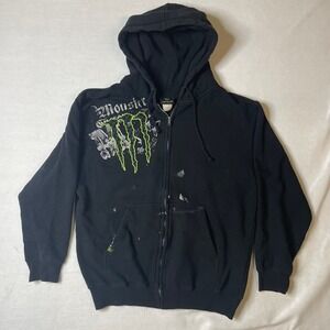 Monster Energy Graphic Full Zip Hoodie Sweatshirt Black Mens Medium Used Paint‎
